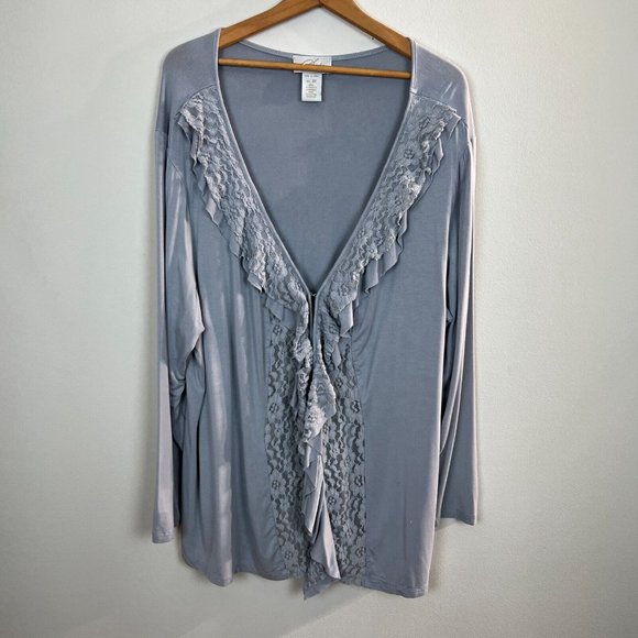 Midnight Velvet Cardigan Top 3X Gray Lace Ruffle Knit V-Neck Long Sleeve‎ Womens - Picture 1 of 9